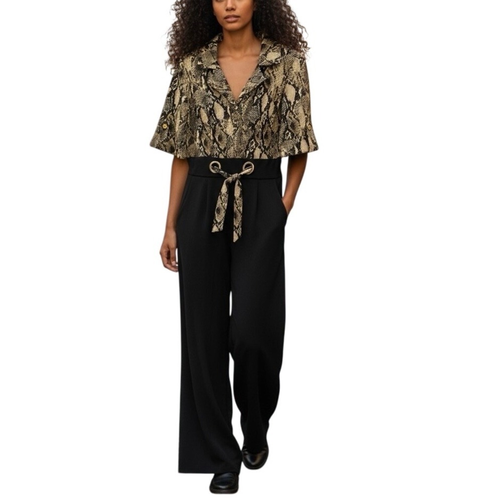 Shelby & Palmer Snakeskin Print Wide Leg Jumpsuit Black Tan 14 Mob Wife Evening